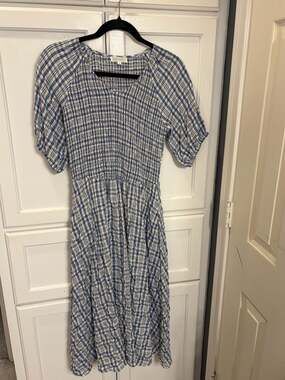 Sweetsalt Blue Gingham Sailboat Preppy Nautical Smocked Midi Dress,  S